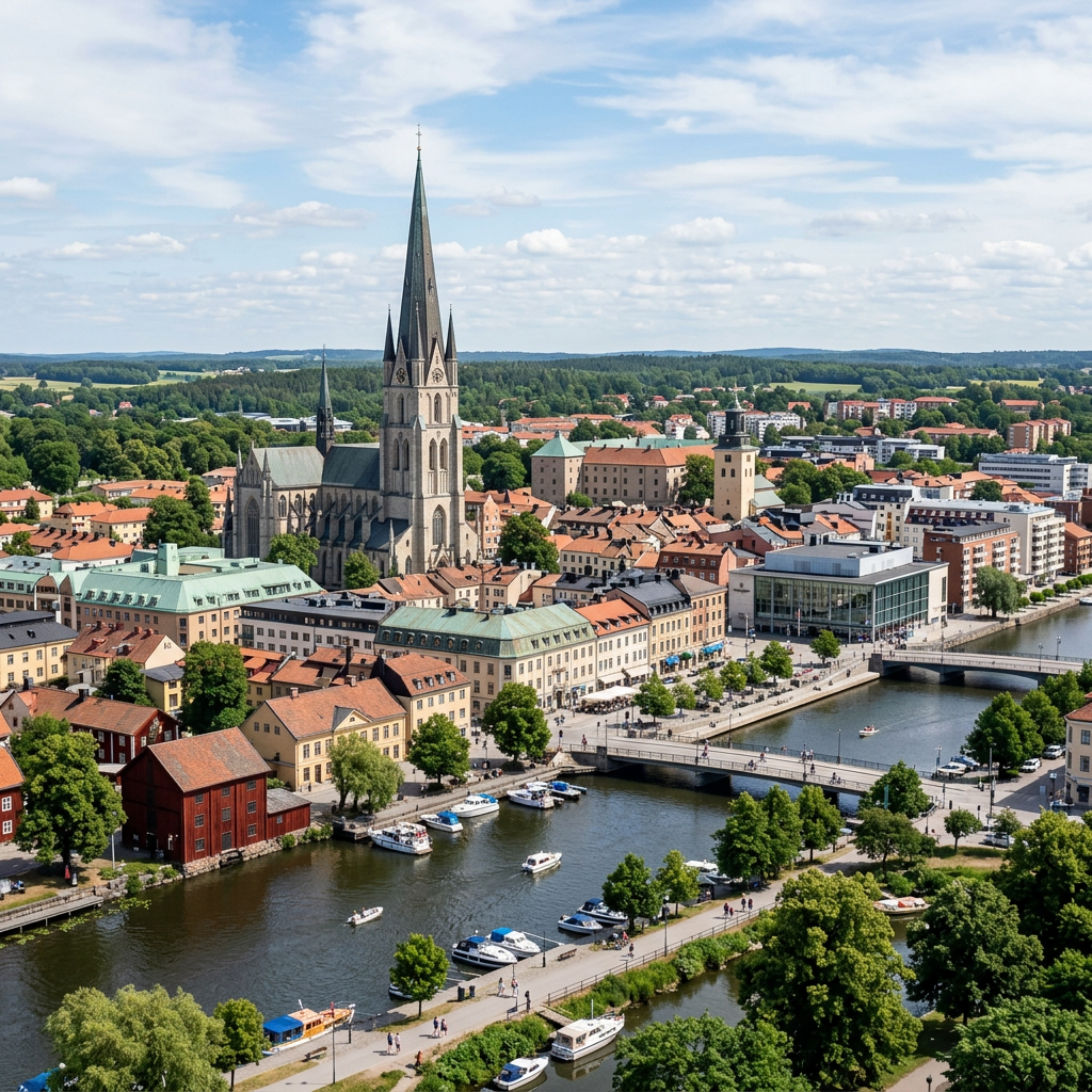Historic cathedral with tall spire surrounded by riverside buildings and boats